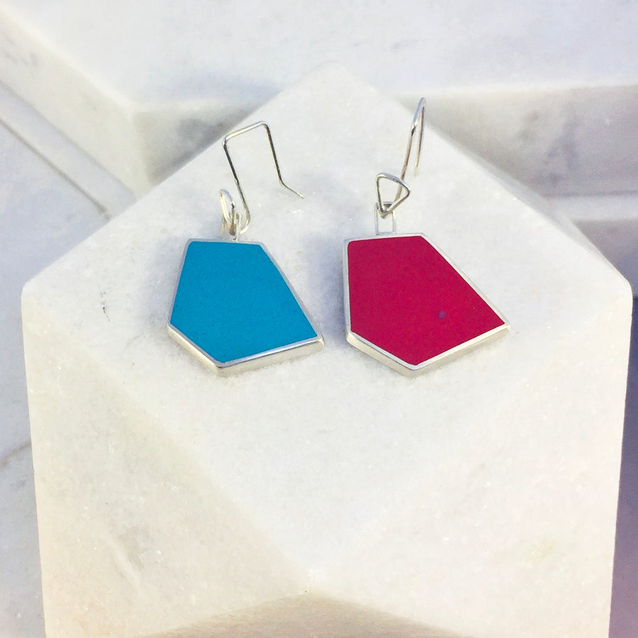 Reversible - Silver & Resin earrings - Red and turquoise