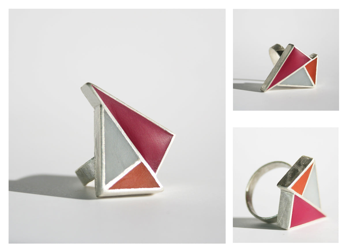 Minimalist & striking ring- sliver and resin- in red, grey and orange